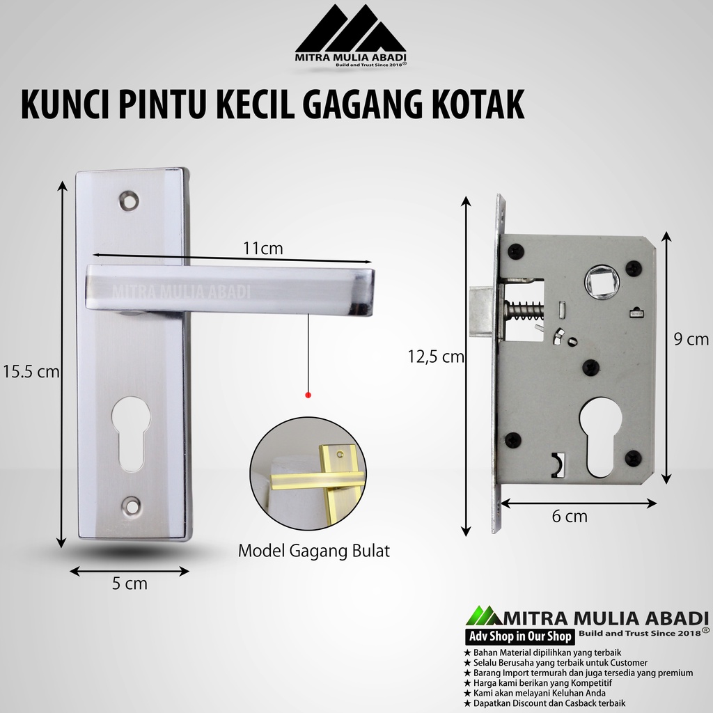 Kunci Pintu Rumah Gagang Kotak Kecil 15cm Napoli SILVER fullset