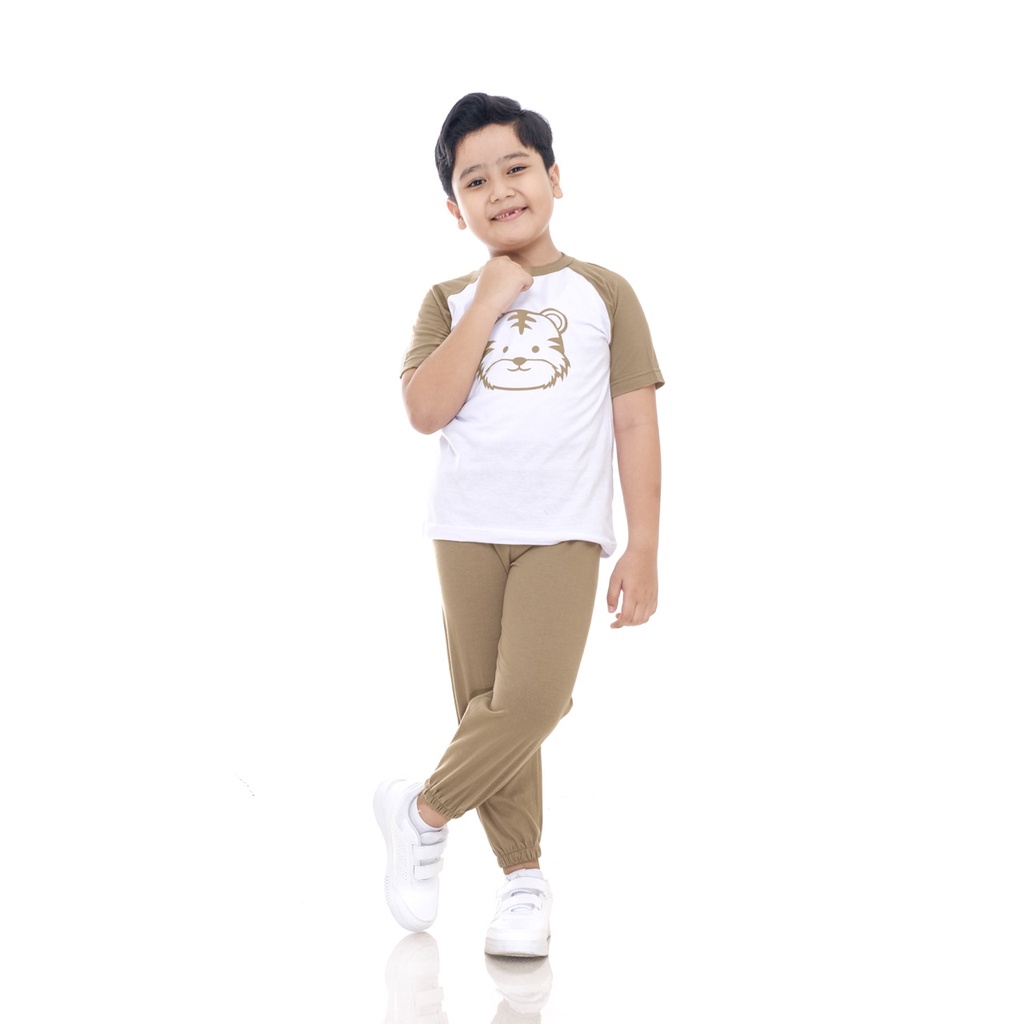 Setelan Kaos Playset Anak Setelan Joger Couple Baju Tidur Piyama Anak Raglan Unisex Celana Panjang Coklat Harimau