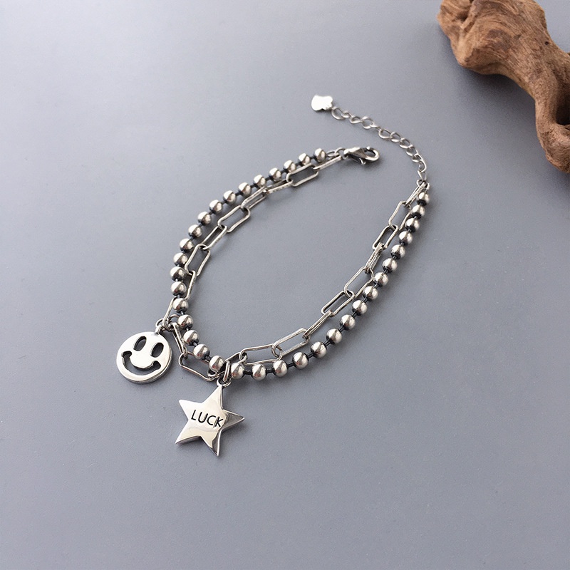 Mhang Gelang Tangan Lapis Silver Motif Bintang / Smiley Face Gaya Retro Untuk Wanita