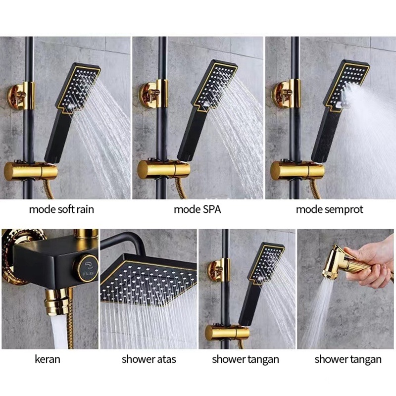 Shower Kamar Mandi Termostatis 4 Dalam 1 Set Dengan Sprayer Faucet Sprayer / Black Gold Kamar Mandi Shower