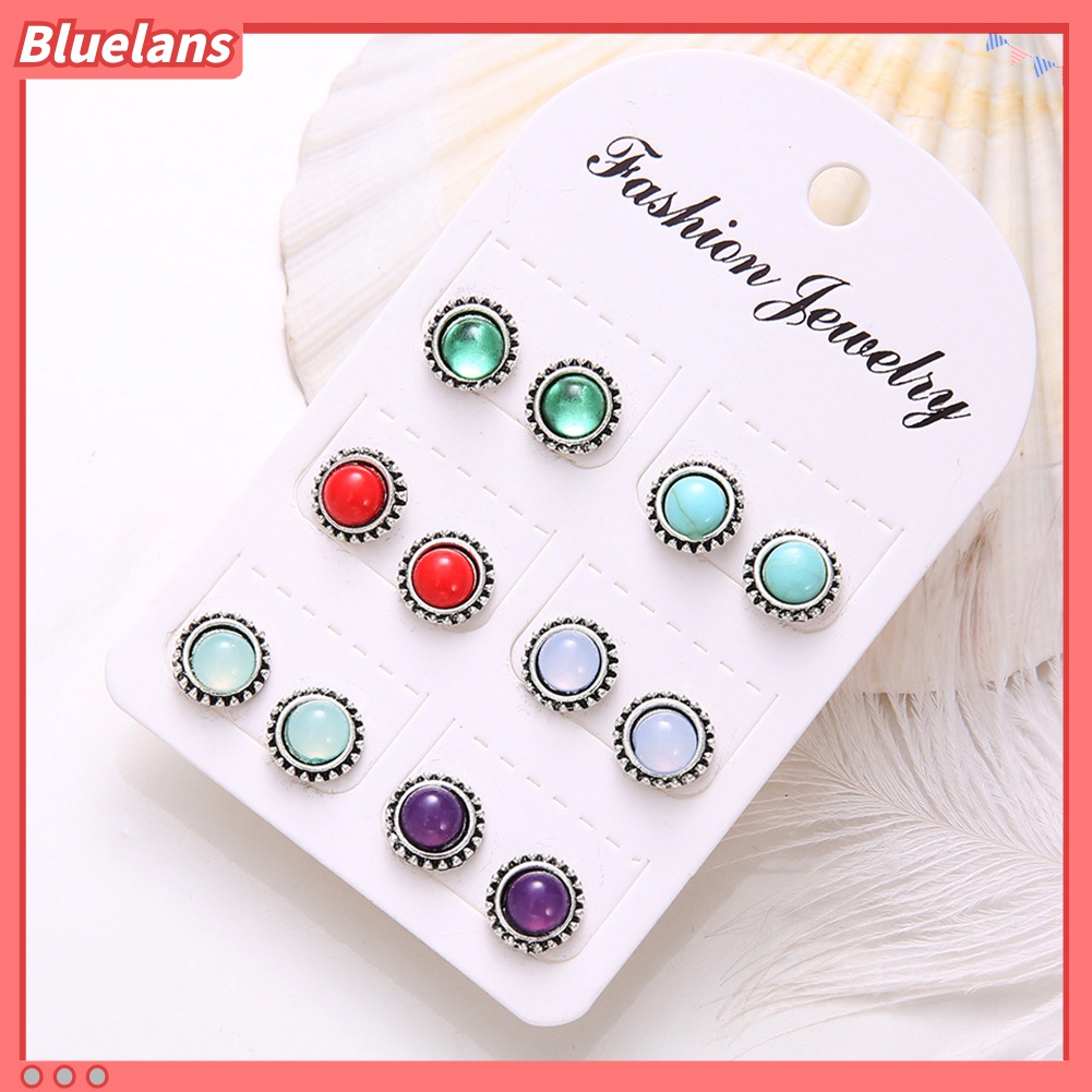 6 Pasang Anting Stud Bentuk Bulat Aksen Batu Permata Imitasi Gaya Vintage Untuk Wanita