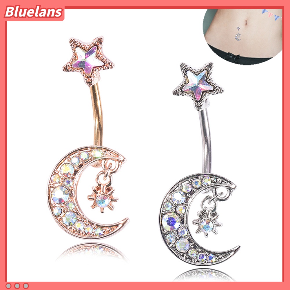 Cincin Tindik Tubuh Bentuk Bulan Bintang Aksen Berlian Imitasi Warna-Warni Untuk Wanita