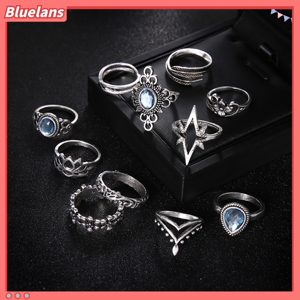 Bluelans 11Pcs Women Retro Hollow Rhinestone Knuckle Midi Finger Tip Stacking Joint Ring