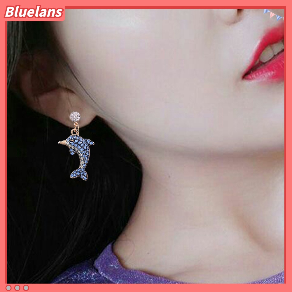 Bluelans Cute Dolphin Shape Shiny Full Rhinestone Inlaid Women Stud Earrings Jewelry Gift