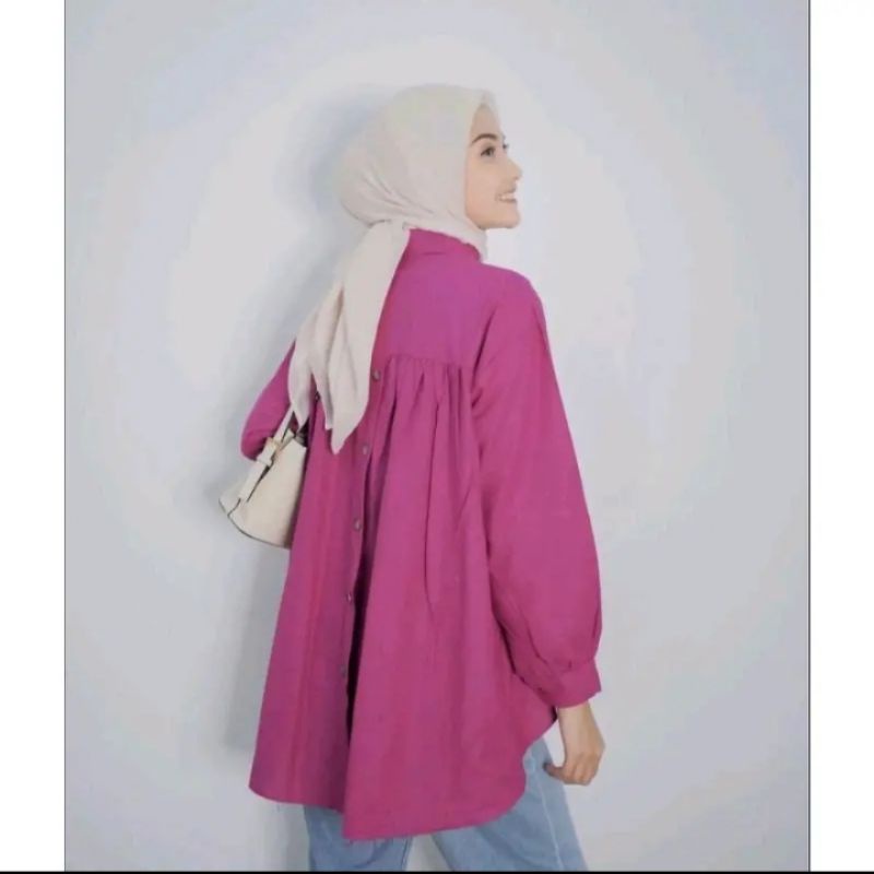 Kemeja Crop Linen Crinkcle Oversize Atasan Basic Shirt Korean Style Lengan panjang Blouse Kancing Depan Belakang