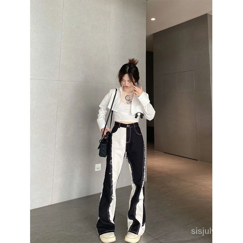 [✅BISA COD] #Sisjuly# Jeans lurus berpotongan bulu tambal sulam wanita musim gugur celana jins lurus berpinggang