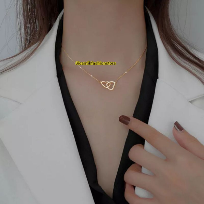 Kalung Rantai Titanium Gold Plus Liontin Love Terbaru Anti Karat Selamanya Kalung Titanium Liontin Love Couple Kalung Wanita Korea Liontin Love Gold