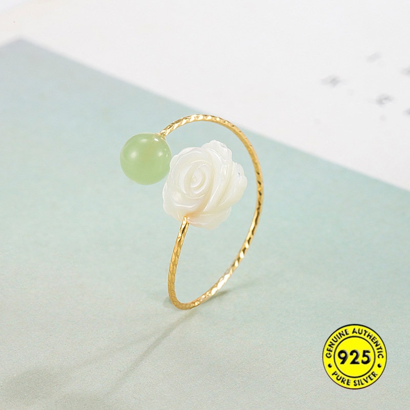 Cincin Emas Putih 18K Dengan Batu Giok Hetian Untuk Wanita U1152