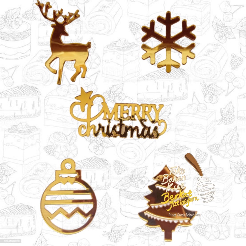 CAKE TOPPER AKRILIK MERRY CHRITSMAS MIROR SET 5 / TOPEER NATAL