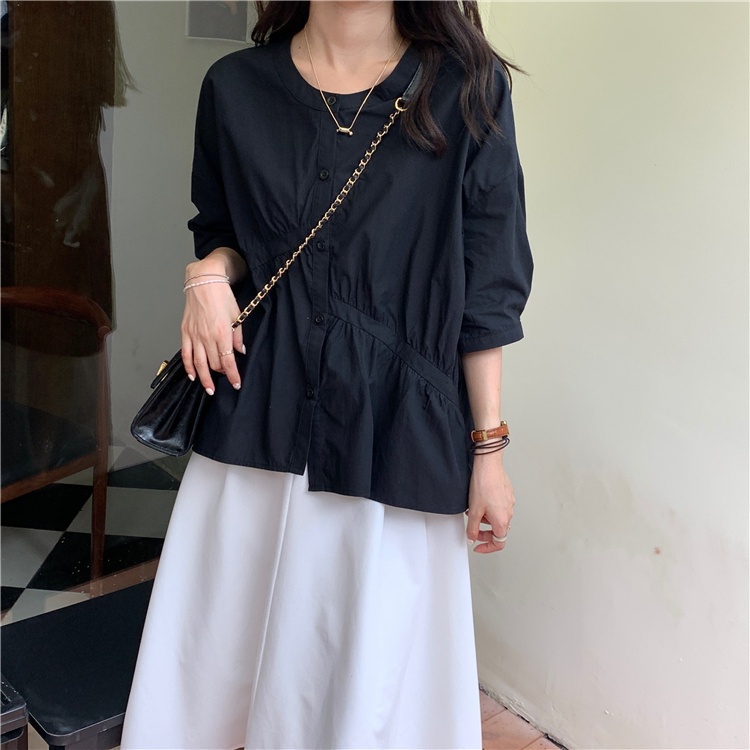 yikoo-Kemeja warna solid blouse wanita longgar atasan