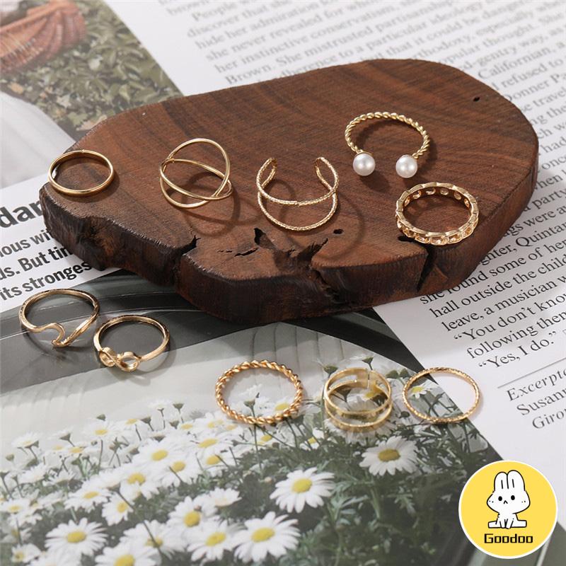 10 Buah Set Wanita Kreatif Sederhana Manik-manik Ganda Cincin Gabungan Geometri Gelombang Mutiara -Doo