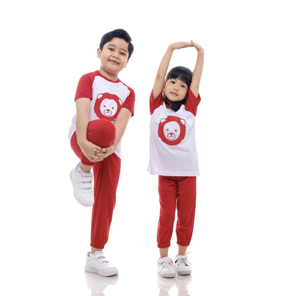 Setelan Kaos Playset Anak Setelan Joger Couple Baju Tidur Piyama Anak Raglan Unisex Celana Panjang Merah Lion