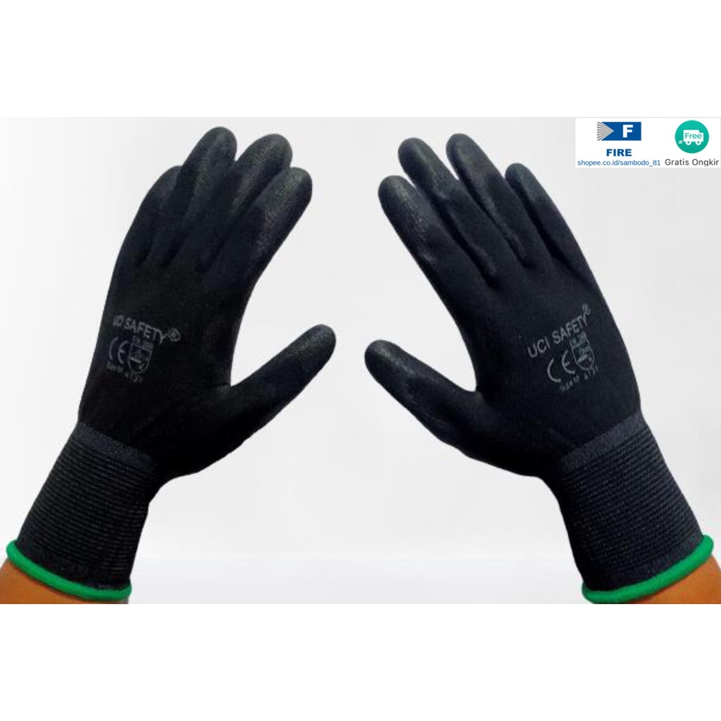 Sarung Tangan Ukuran S,M, L, XL Proyek Satpam Anti Slip Hitam Black Hand Gloves Mekanik Montir Berkebun Tukang Telapak Tangan dilapisi karet Bahan Nylon Polyester Elektronik Assembly Static Multi Purpose Polyurethane Kerja