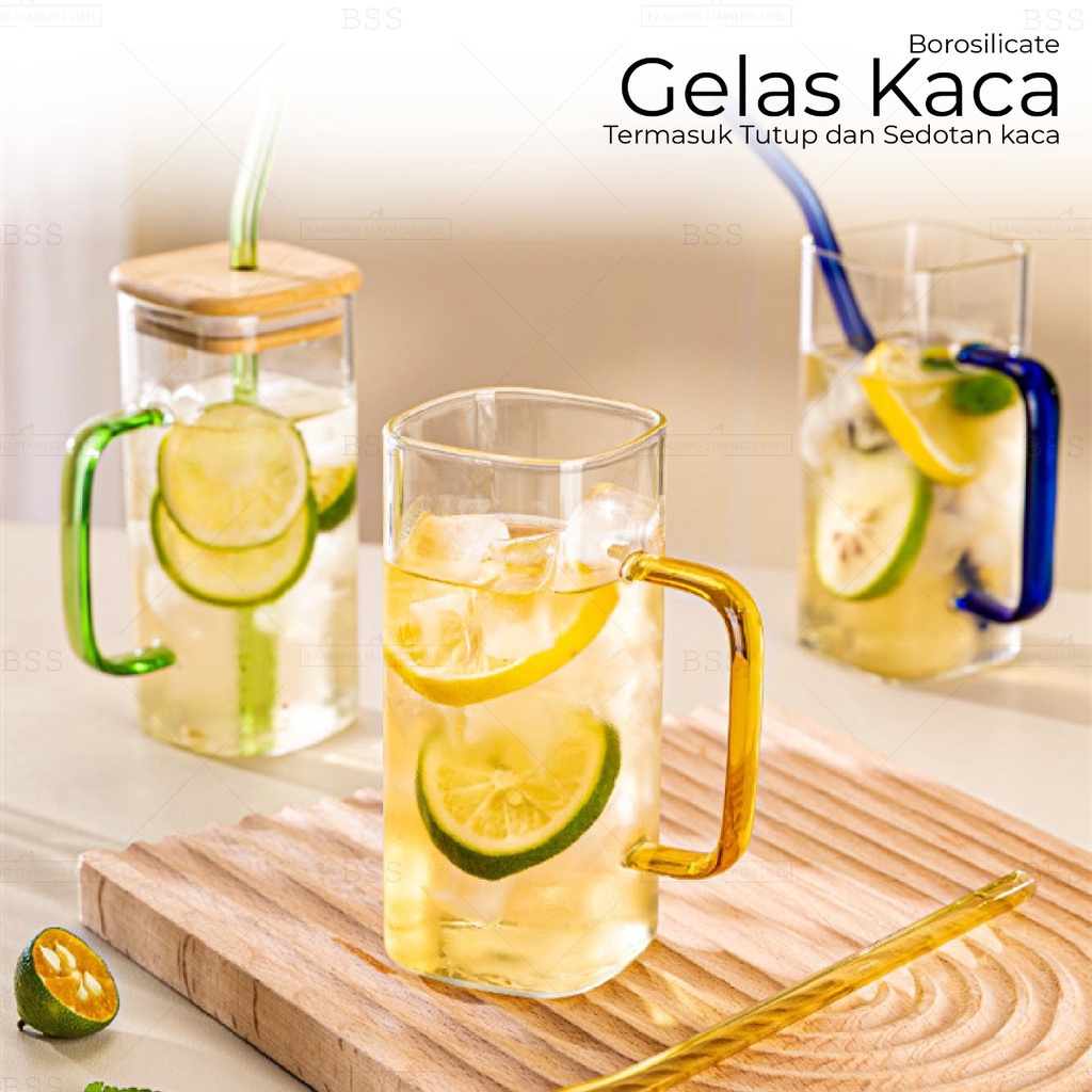 Gelas Kaca Aesthetic Borosilicate Square Kotak 400ml Simple Polos Dengan Tutup Glass Cantik Unik Korea Borosilika nordic Juice Jus