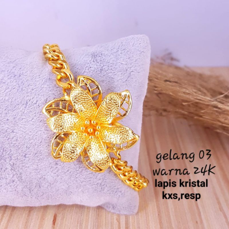 Gelang lapis kristal warna emas 24k, warna lebih awet