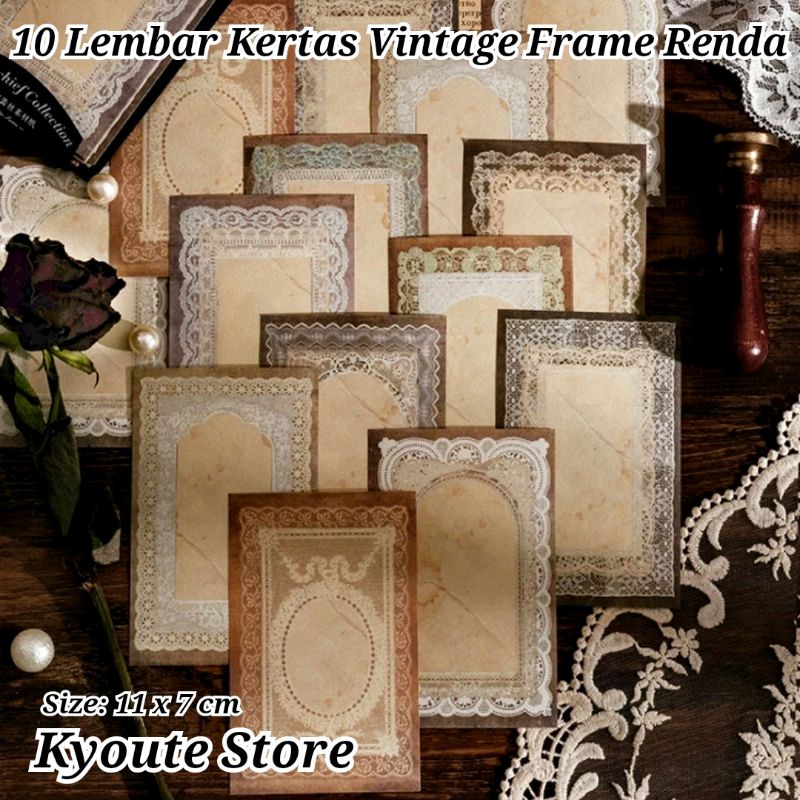 

10 Lembar Kertas Dekorasi Vintage Motif Lace Frame Bingkai Renda Journal Scrapbook Deco