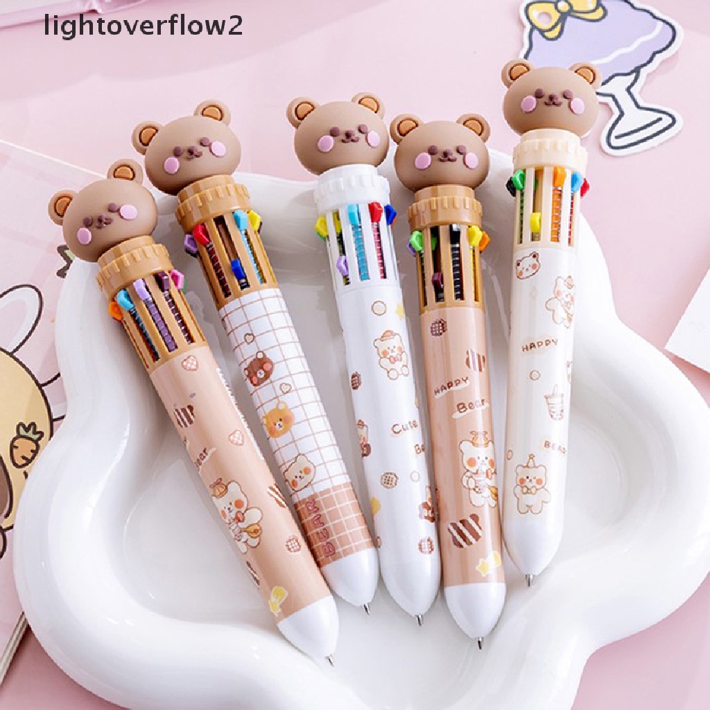 (lightoverflow2) Pulpen / Bolpoin 10 Warna Bahan Silikon Motif Kartun Beruang Untuk Sekolah / Kantor