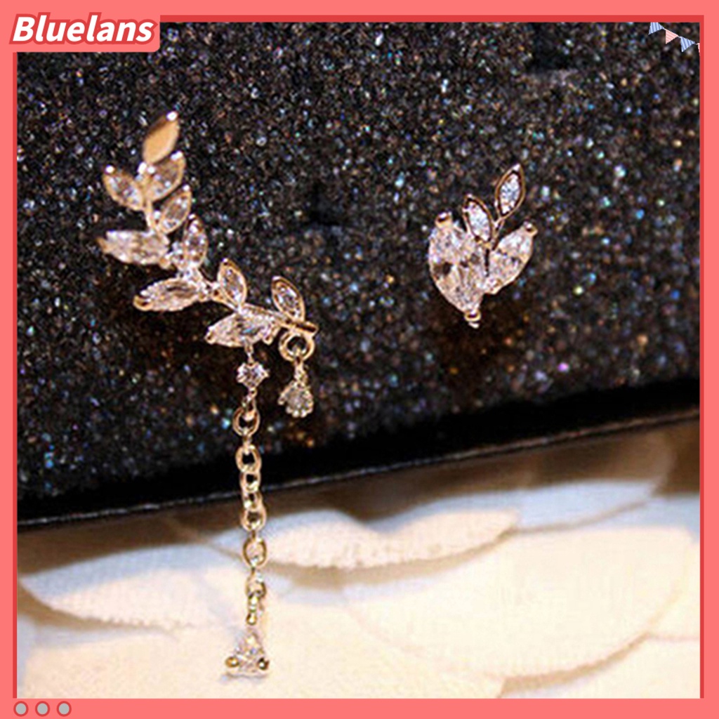 Bluelans Anting Tusuk Gantung Asimetris Desain Daun Hias Berlian Imitasi Anti Karat Untuk Wanita