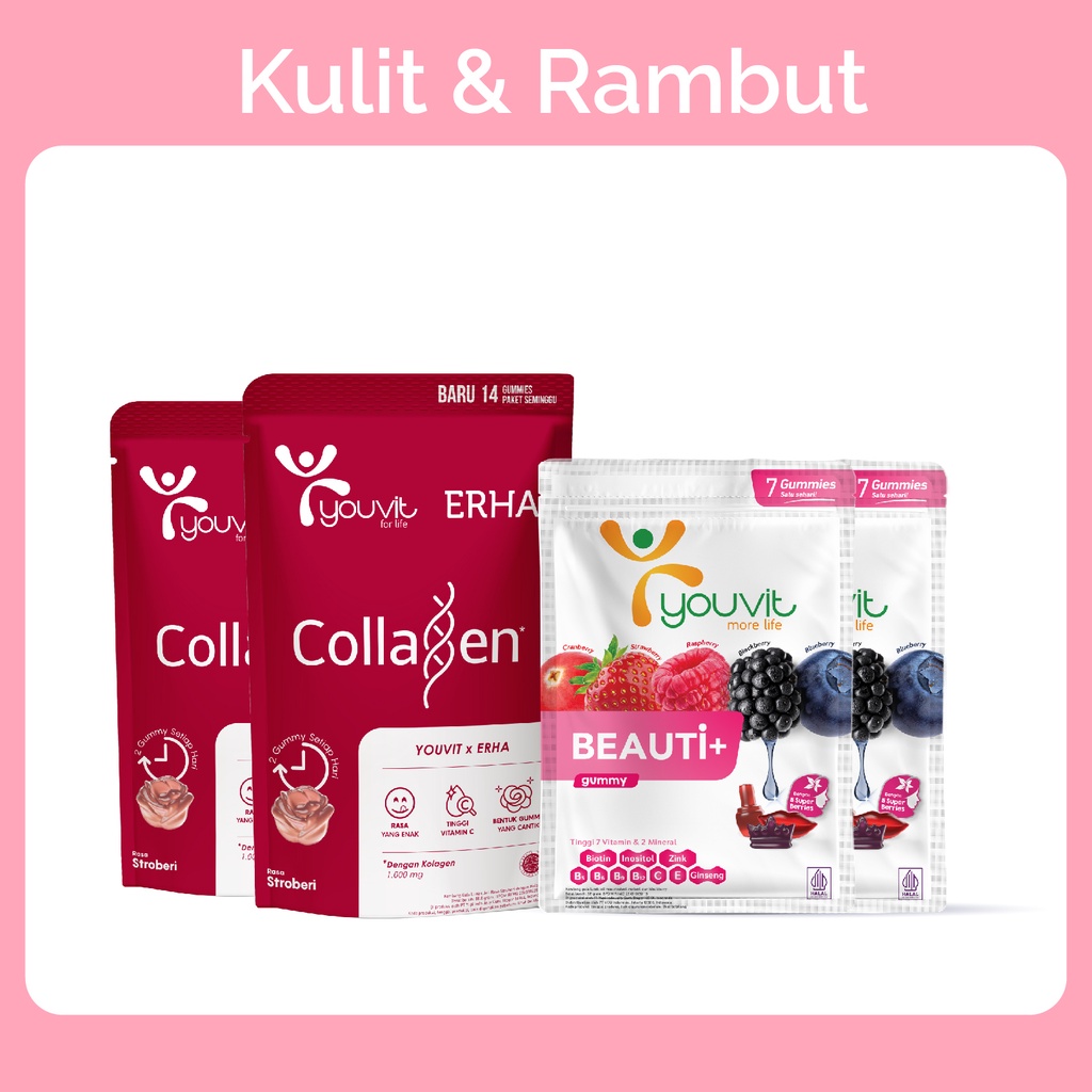 Original 2 Pouch Youvit x Erha VERISOL Collagen dan 2 Sachet Beauti+ dengan Ginseng, Biotin, Vitamin