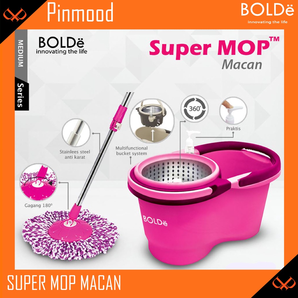 BOLDE SUPER MOP MACAN | ALAT PEL PEMBERSIH LANTAI DRAINASE PENARIK RODA STAINLESS BOTOL DETERGEN MUDAH DI BERSIHKAN