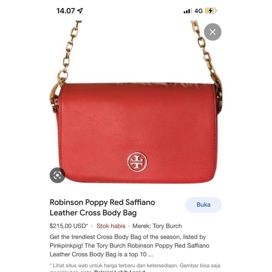 Tas sling Shoulder TB Tory Burch Robinson Crossbody Chain Bag Poppy Red Saffiano Preloved