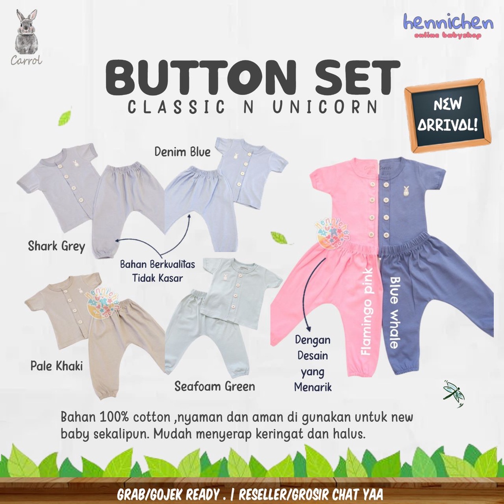 CARROL BABY BUTTON SET CLASSIC N UNICORN SERIES SETELAN BAJU PENDEK CELANA PANJANG KANCING 3 BULAN - 3 TAHUN