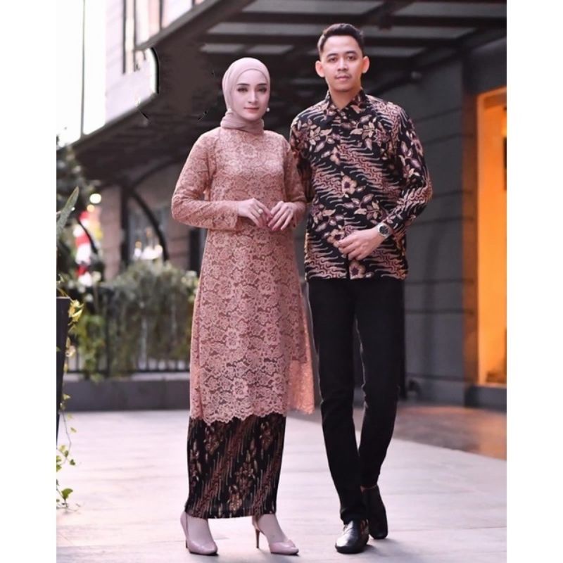 Permata Olshop / Setelan Kebaya Tunik Brukat Couple Kemeja Batik / Kebaya Couple Tunangan / Kebaya Lamaran Couple Batik / Serimbit Kebaya Modern