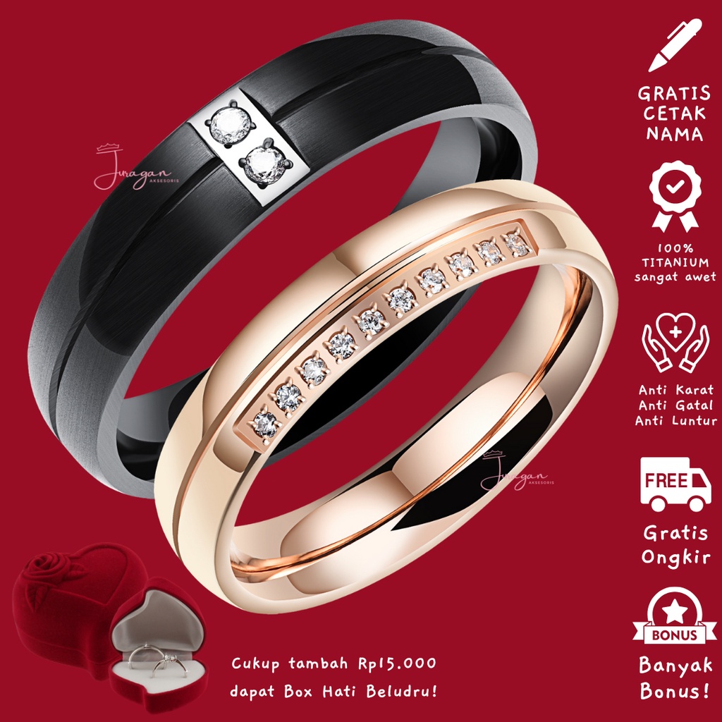 AILOVIU Cincin Couple Romantis R67 Titanium Ukir Nama Black Hitam Rosegold Unik Pria Wanita Tunangan Paladium Stainless Steel