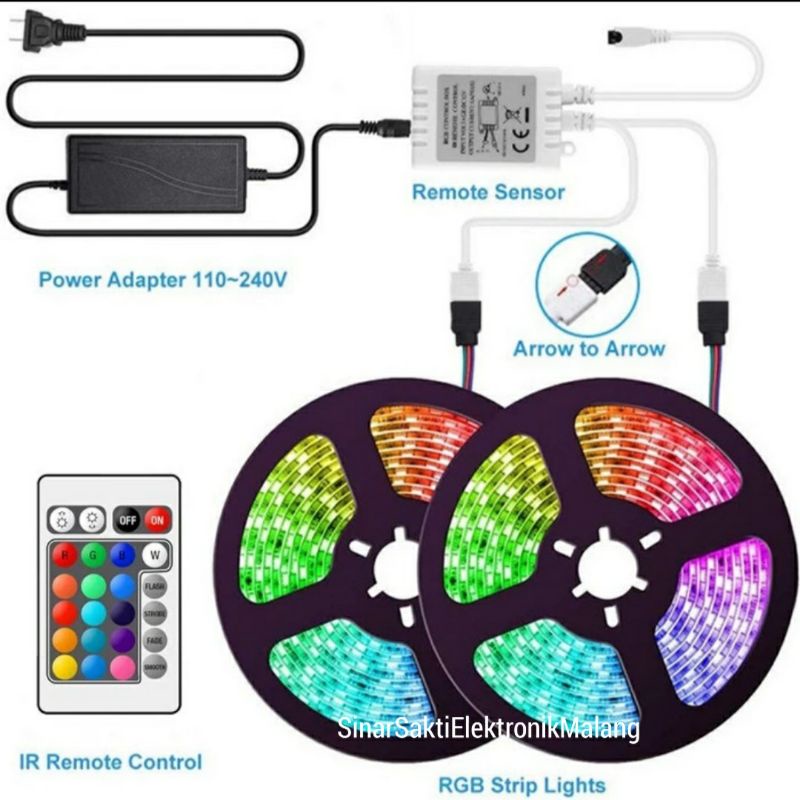 Lampu Led Strip Rgb Remote warna warni 10m 10 meter anti air adaptor 2835 5050