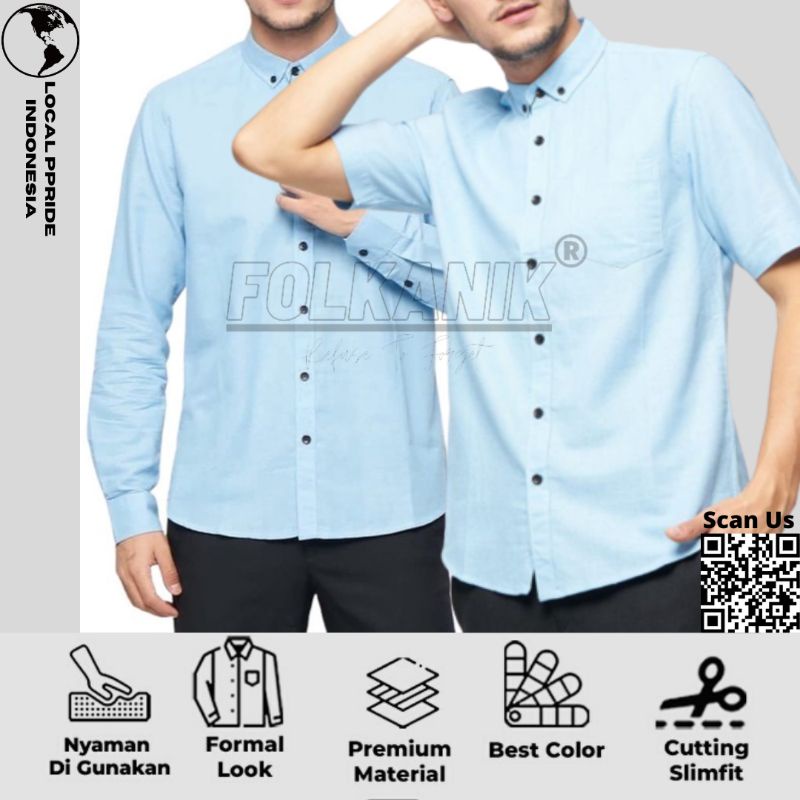 Kemeja Polos Pria Lengan Panjang Pendek Katun Hem Formal Slimfit Warna Biru Muda Langit Blue Sky Sof
