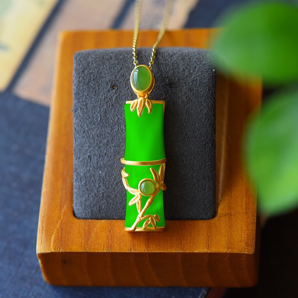 Goldkingdom Fashion Perhiasan 24K Bangkok Aksesoris Ready Stock Hetian Giok Putih Bambu Liontin Perempuan Gilt Simpul Naik Tinggi Kalung Rantai Klavikula Bambu Yang Kaya