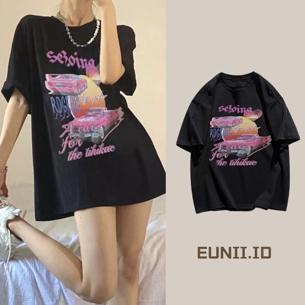 EUNII T-shirt Lengan Pendek Baju Wanita Retro Car Korean Style/Kaos Atasan Wanita/Baju Kaus Oversize Wanita