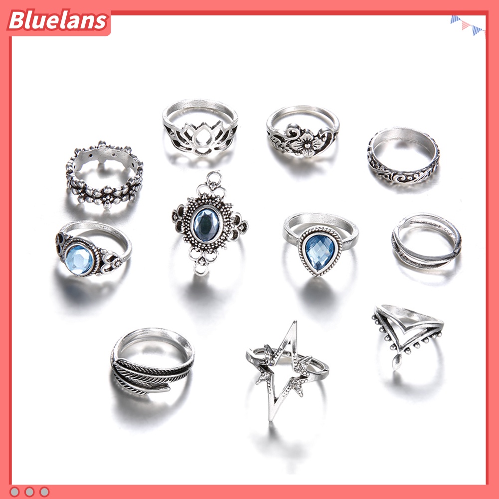 Bluelans 11Pcs Women Retro Hollow Rhinestone Knuckle Midi Finger Tip Stacking Joint Ring