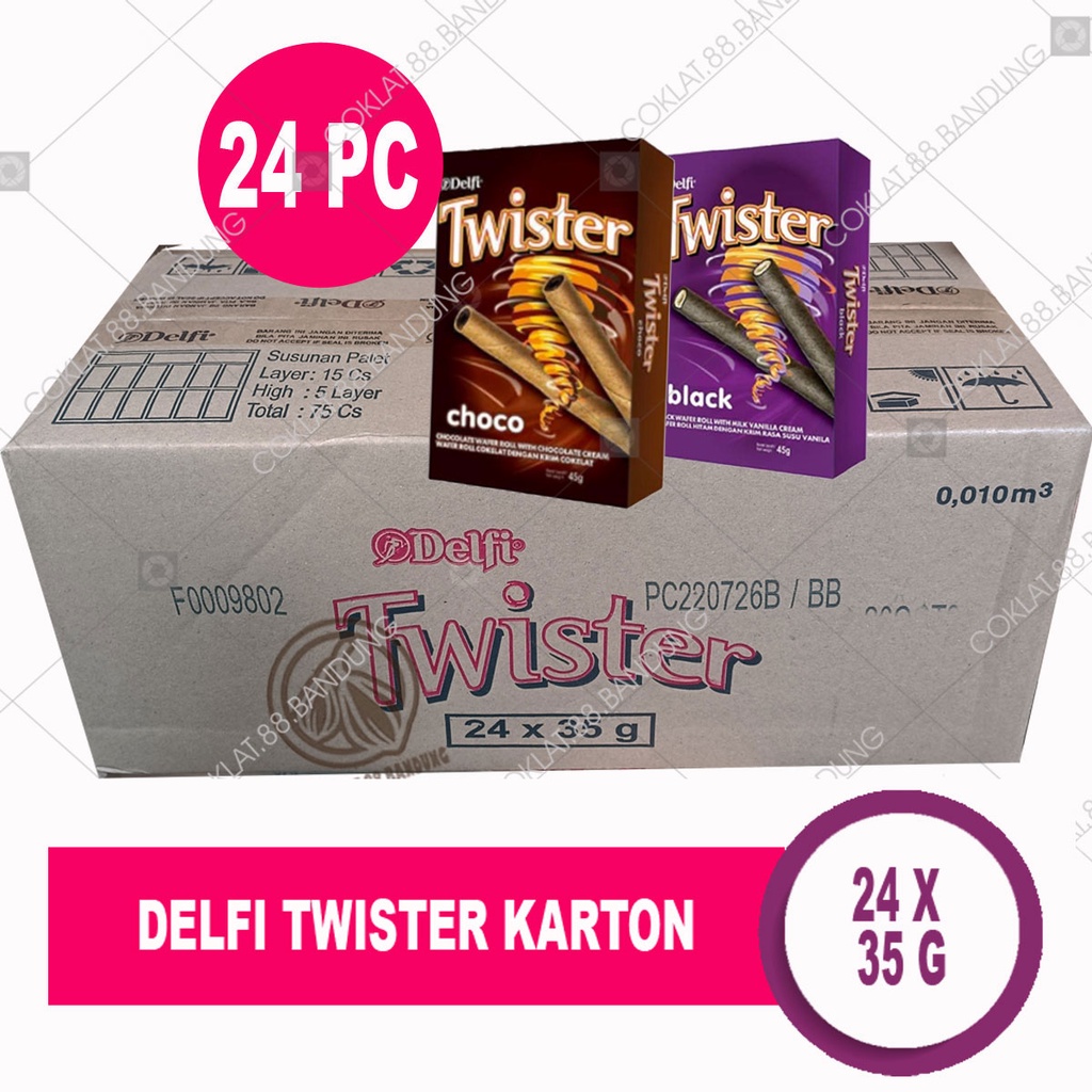 

DELFI TWISTER 35GR KARTON 24 BOX X 35 GR, WAFER ROLL COKLAT DELFI 35 GRAM BLACK VANILLA 1 DUS