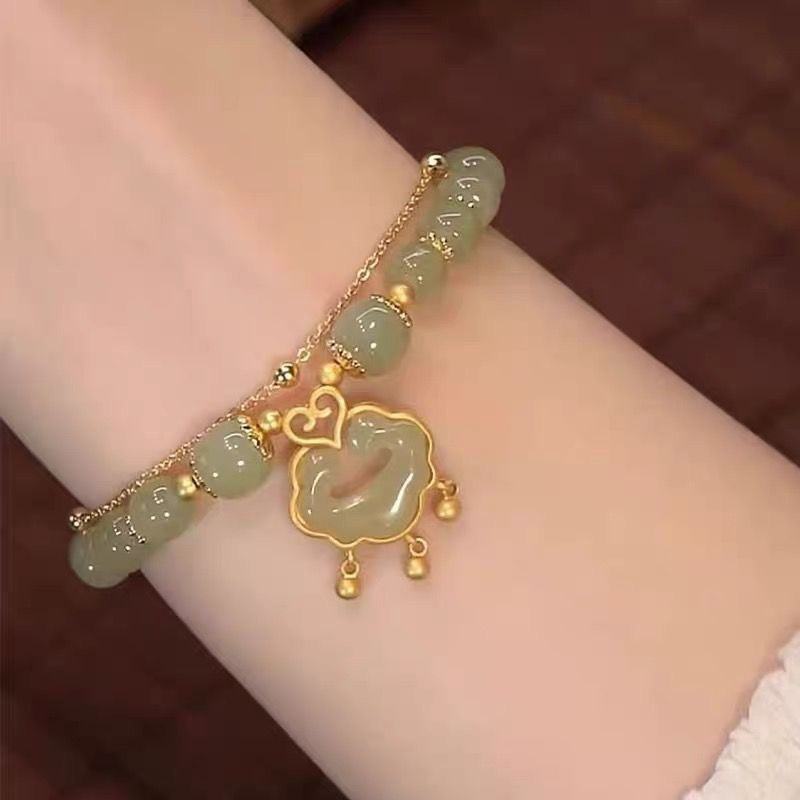 Gelang Batu Giok Alami Desain Kelinci Gaya China Untuk Wanita