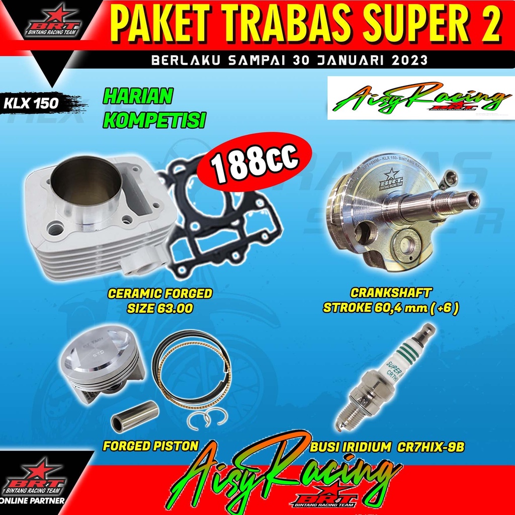 PAKET TRABAS SUPER 2 BRT PAKET BORE UP 188CC KLX 150 / D Tracker / BF BLOK Ceramic 63mm / kruk as Bu