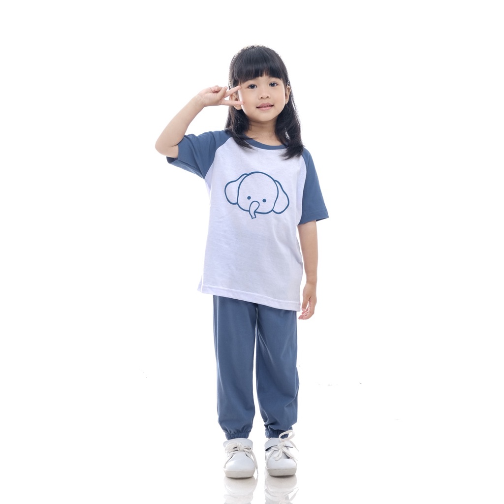 Setelan Kaos Playset Anak Setelan Joger Couple Baju Tidur Piyama Anak Raglan Unisex Celana Panjang Biru Elephant