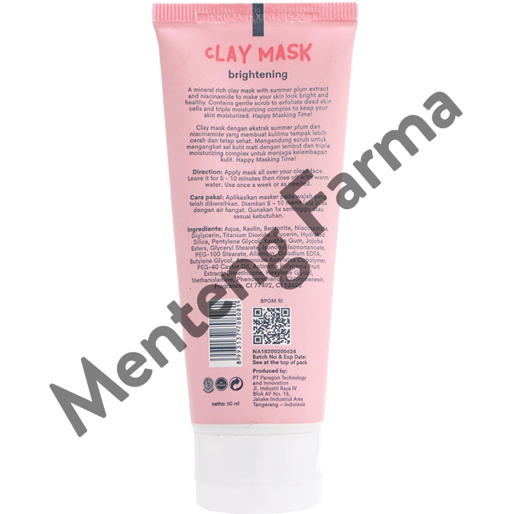 Emina Clay Mask Brightening 60 mL - Masker Scrub Pencerah dan Exfoliator Sel Kulit Mati