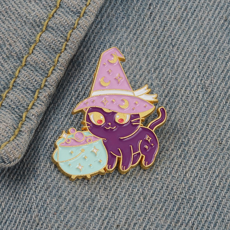 Bros Pin Enamel Desain Kucing Ungu Penyihir Gaya Punk Gothic Untuk Hadiah Teman 2021