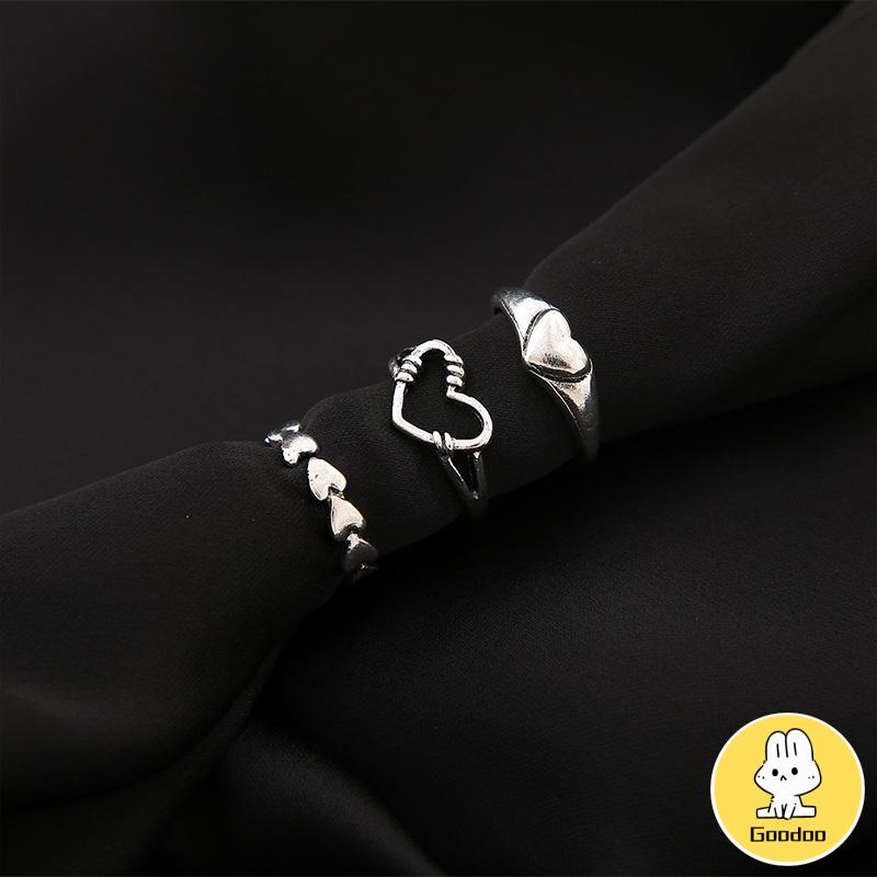 3pcs Cincin set korea Model Terbuka Desain Gelombang Hati Warna cincin Silver Gaya Vintage Wanita -Doo
