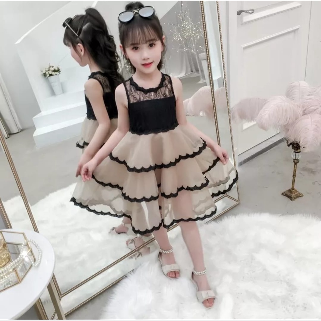 DRESS KIDS RECCA CREAM /IMPOR/ PUTIH / DRESS KACA / DRESS COMBI BRUKAT / LIST LACE HITAM/UMUR 7-10 TH / TERBARU / TERPOPULER