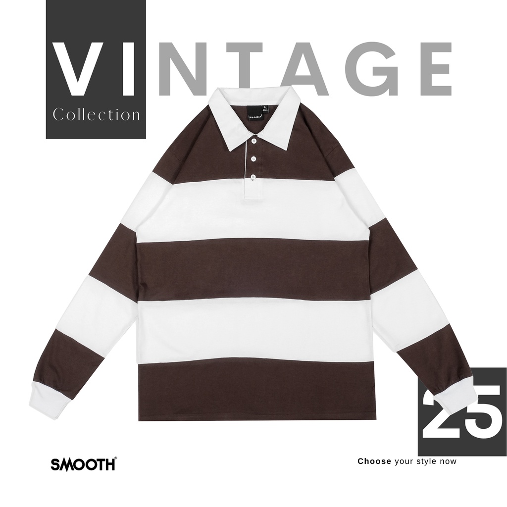 SMOOTH BASIC Vintage Rugby Polo Shirt - Brown White Brown
