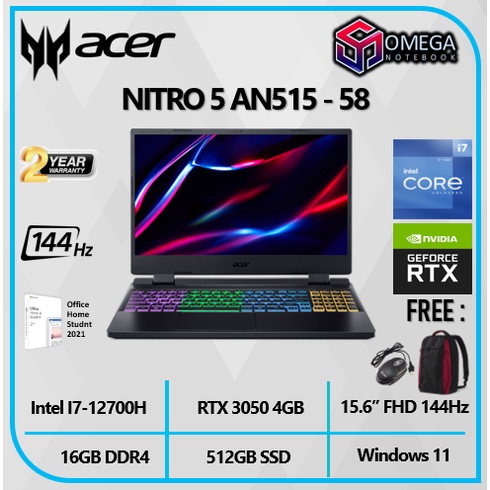 ACER NITRO 5 AN515 Intel I7 12700H 16GB 512SSD RTX3050 4GB W11+OHS 15.6&quot;FHD 144Hz TGP95 THUNDERB