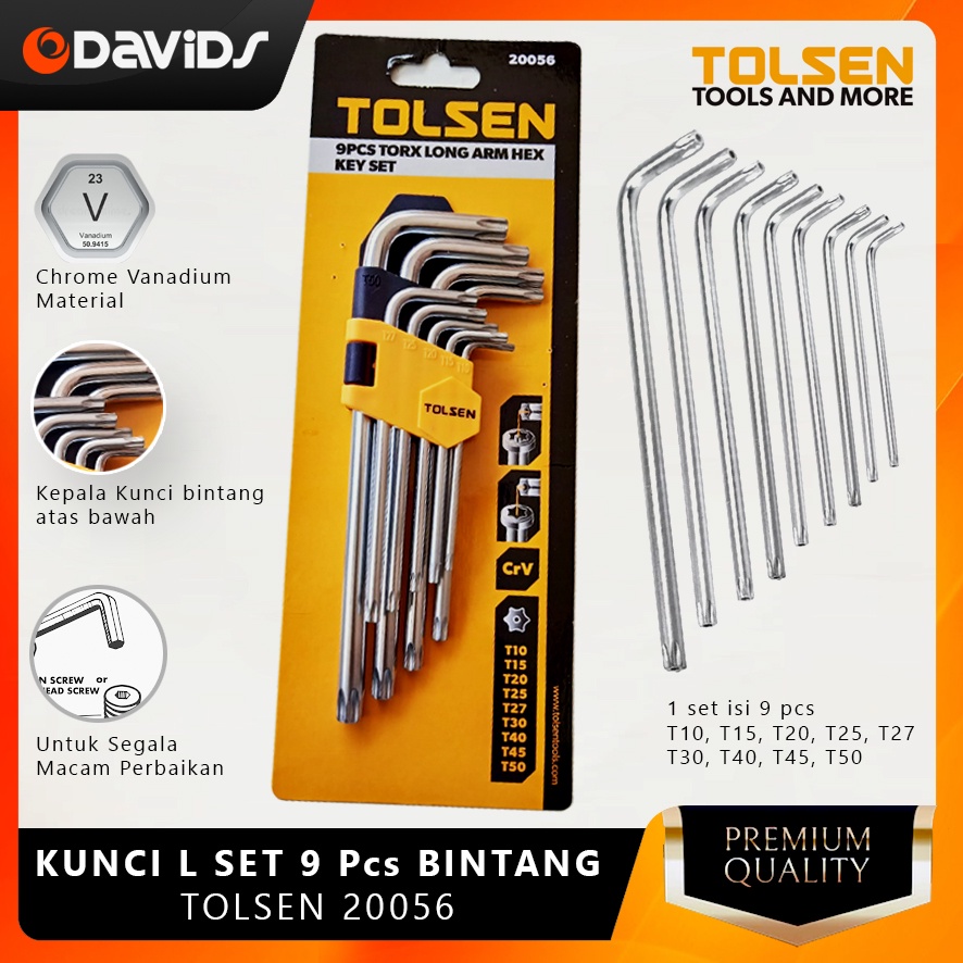 Kunci L Set Bintang Panjang T40 T50 Konci 9 Pcs Long Torx Key Tolsen