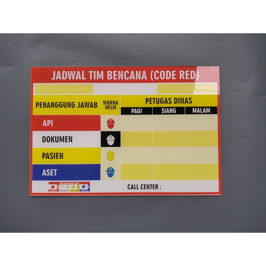 Papan Akrilik Code Red, Akrilik K3, Akrilik Daftar Petugas Code Red