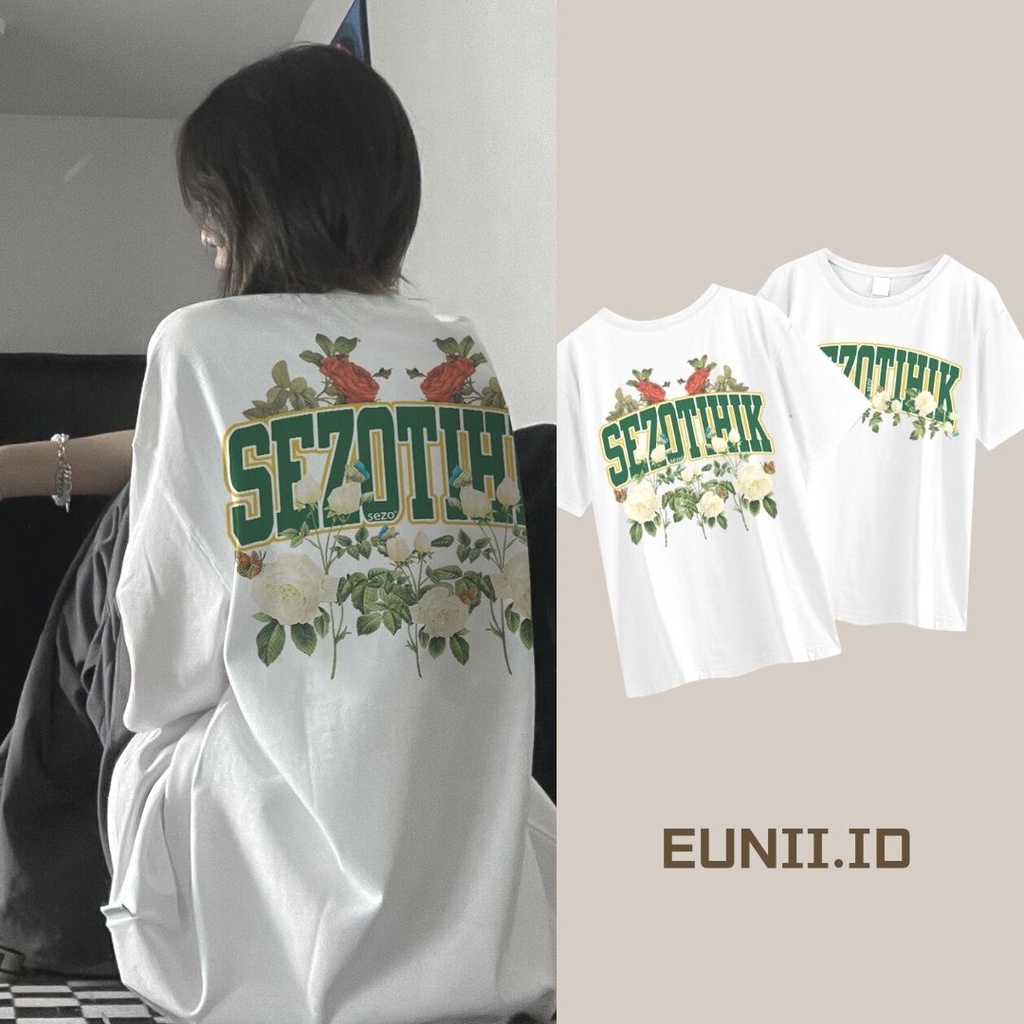 EUNII T-shirt Lengan Pendek Modis Mawar Putih Pencetakan Longgar Korean Style/Kaos Atasan Wanita/Baju Kaus Oversize Wanita