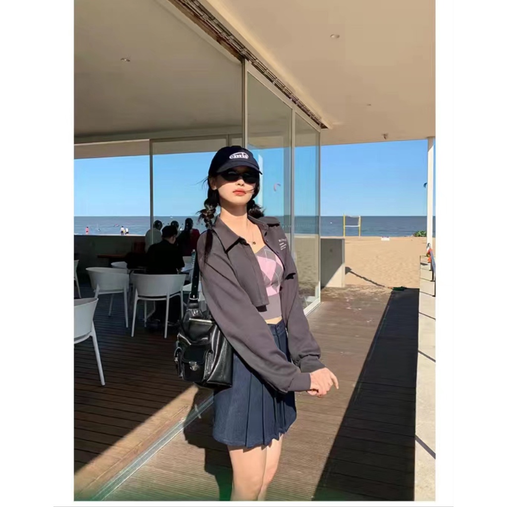 Square Neck Sweater Rajut Kotak Kotak Wanita Lengan Panjang