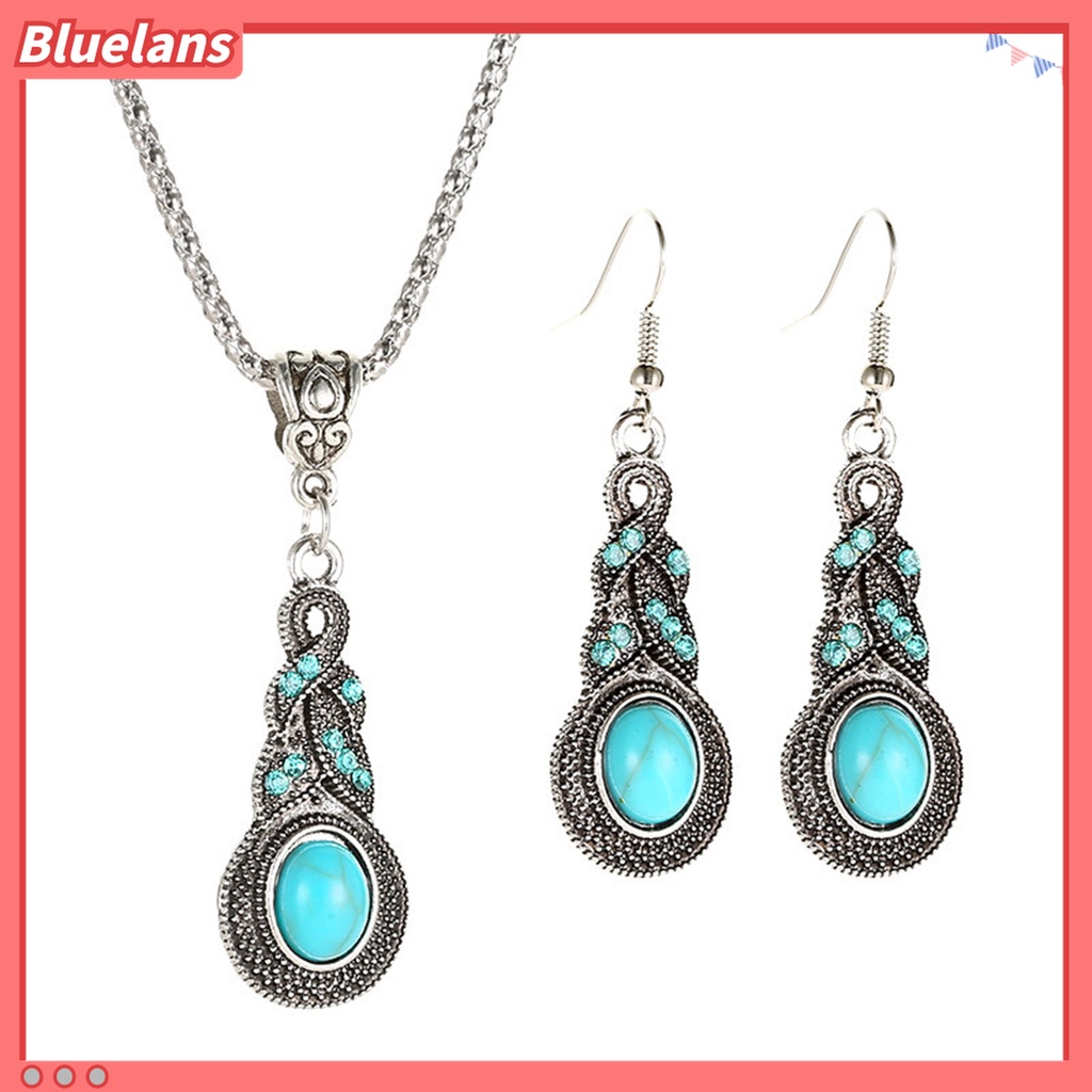 1 Set Perhiasan Kalung Dan Anting Wanita Model Vintage Aksen Turquoise Tiruan Untuk Pesta