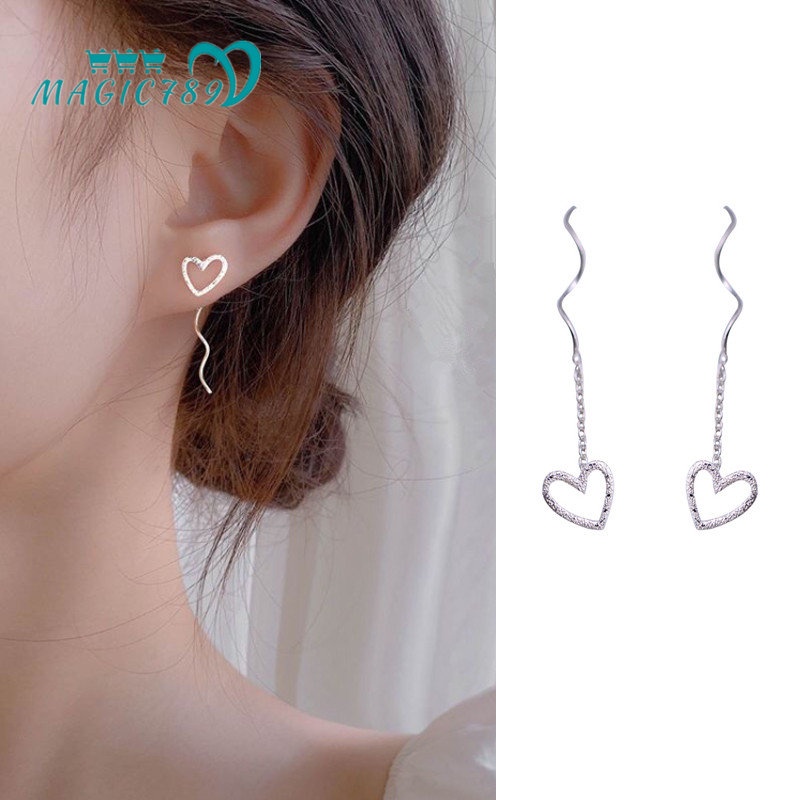 Magic789 Anting Gantung Panjang Tusuk Silver S925 Motif Hati Aksen Glitter Untuk Perhiasan Wanita