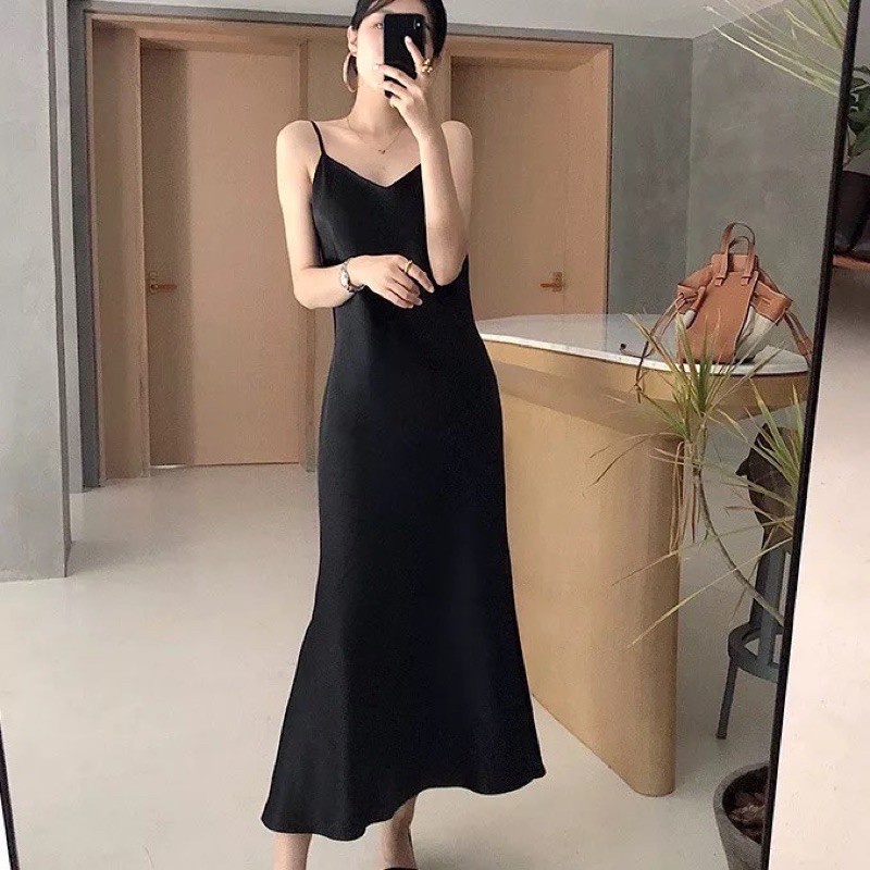 Arabel Long Dress Satin Wanita Bahan Saten Tali kecil Gaya Korea - Gwynne88